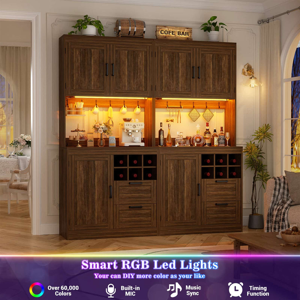 72'' Tall Pantry Cabinet with Drawers, Cabinets, Power Outlets & LED Lights, Set of 2