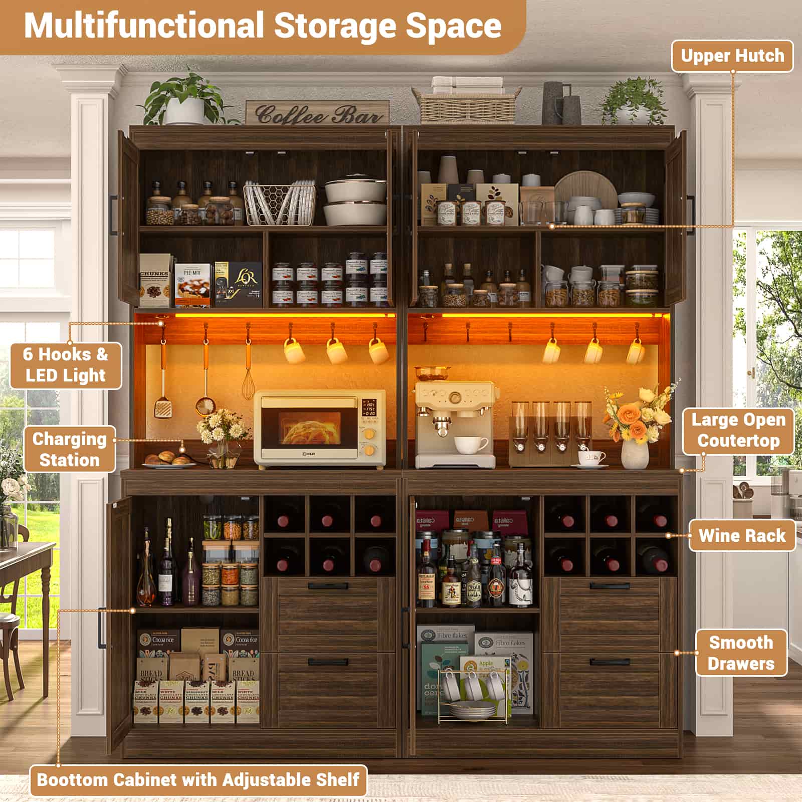 72'' Tall Pantry Cabinet with Drawers, Cabinets, Power Outlets & LED Lights, Set of 2