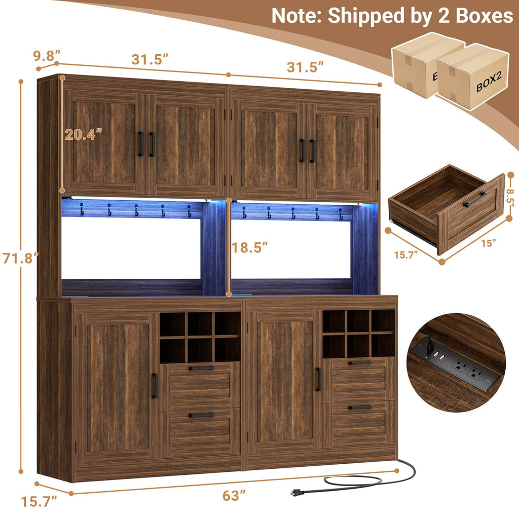 72'' Tall Pantry Cabinet with Drawers, Cabinets, Power Outlets & LED Lights, Set of 2