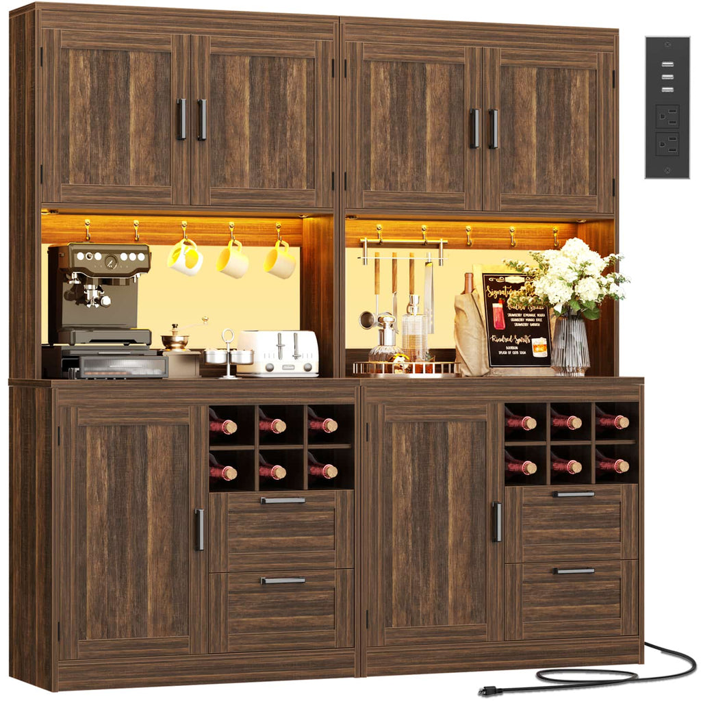 72'' Tall Pantry Cabinet with Drawers, Cabinets, Power Outlets & LED Lights, Set of 2