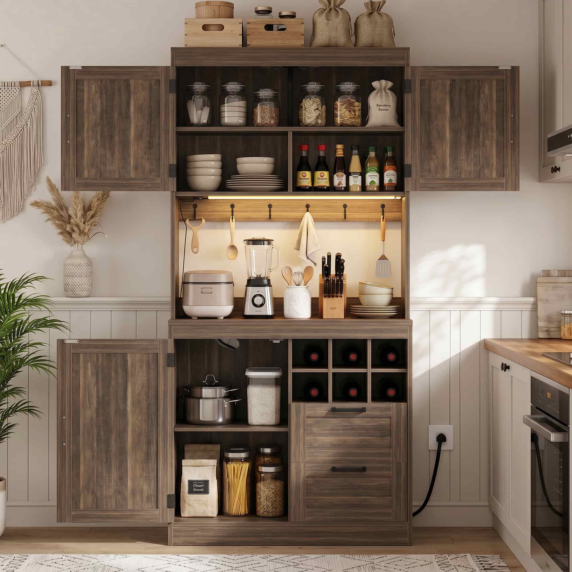 72'' Tall Pantry Cabinet with Drawers, Cabinets, Power Outlets & LED Lights