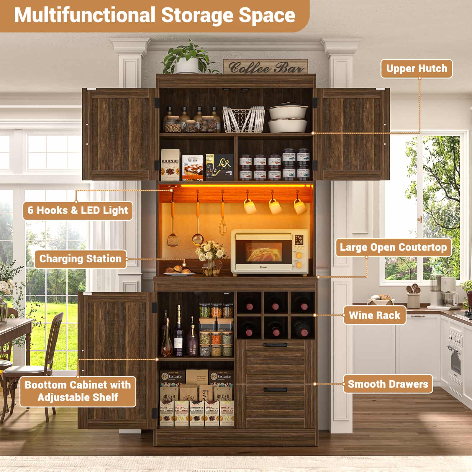 72'' Tall Pantry Cabinet with Drawers, Cabinets, Power Outlets & LED Lights