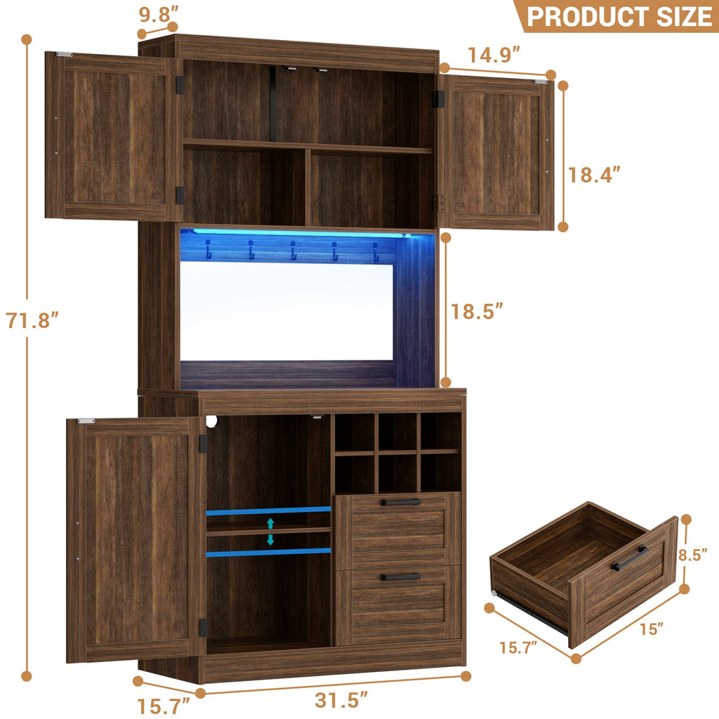 72'' Tall Pantry Cabinet with Drawers, Cabinets, Power Outlets & LED Lights