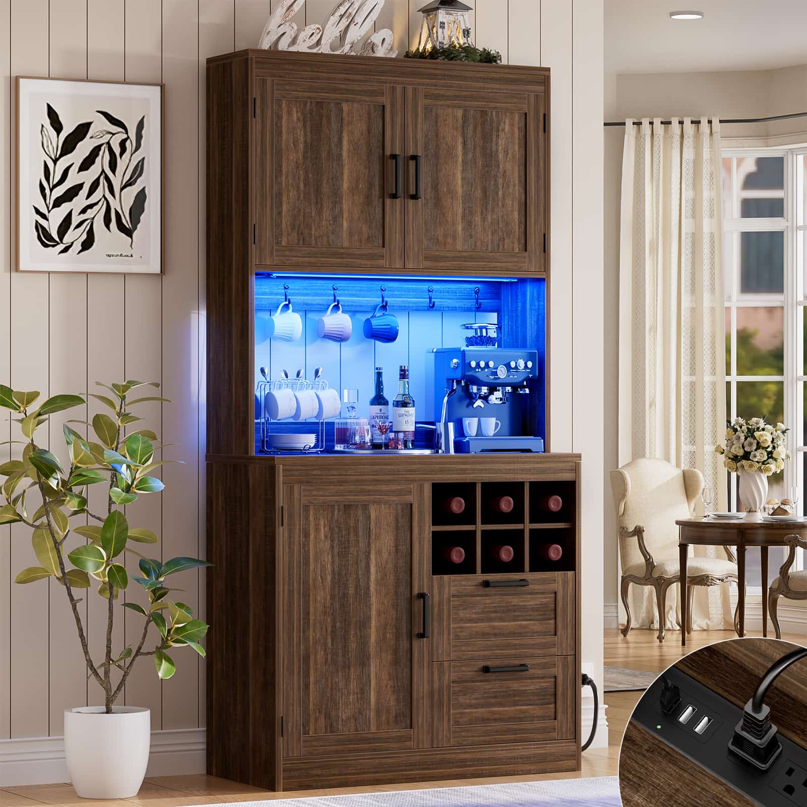 72'' Tall Pantry Cabinet with Drawers, Cabinets, Power Outlets & LED Lights