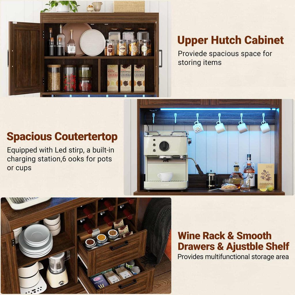 72'' Tall Pantry Cabinet with Drawers, Cabinets, Power Outlets & LED Lights