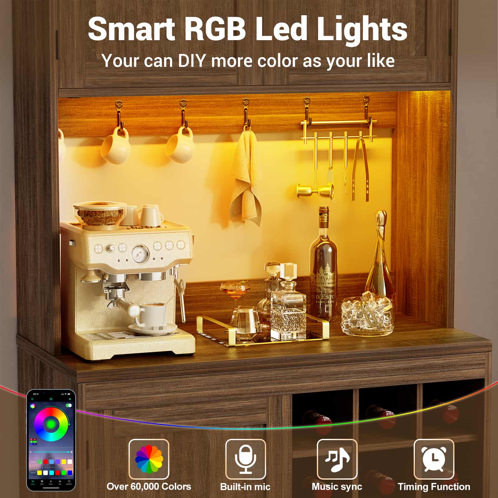 72'' Tall Pantry Cabinet with Drawers, Cabinets, Power Outlets & LED Lights