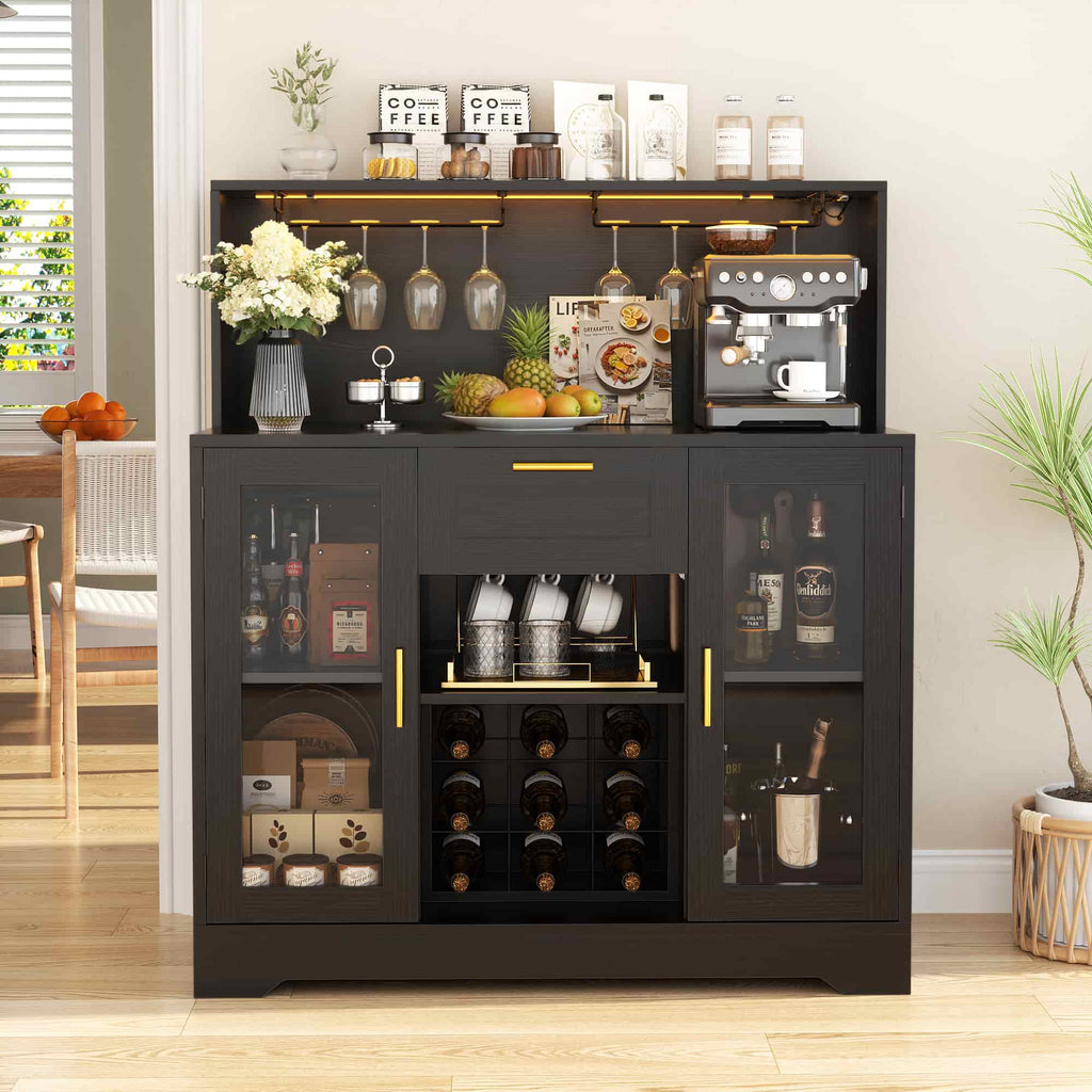 39.4'' W Wine Bar Cabinet with Charging Station, LED Lights & Adjustable Shelves