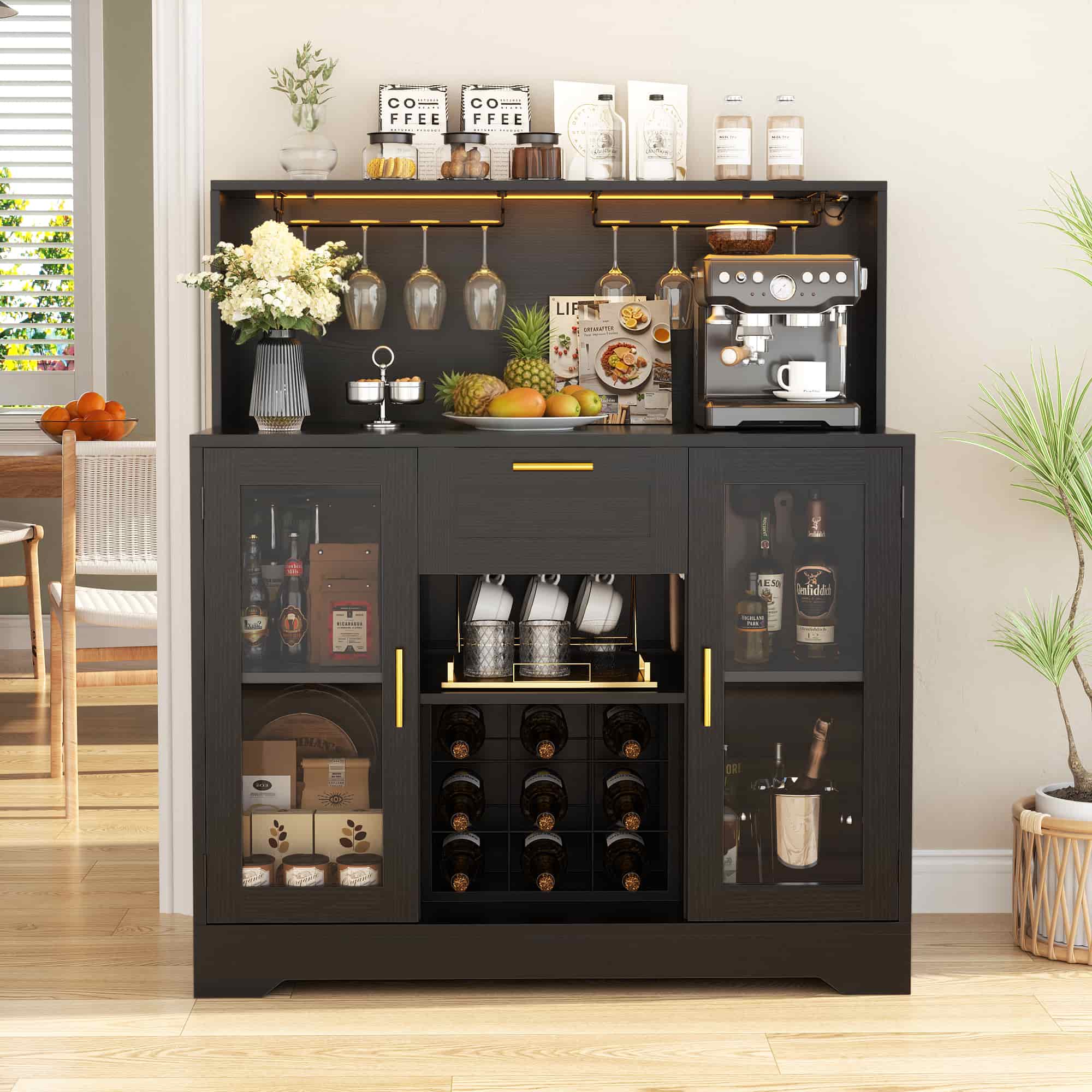 39.4'' W Wine Bar Cabinet with Charging Station, LED Lights & Adjustable Shelves