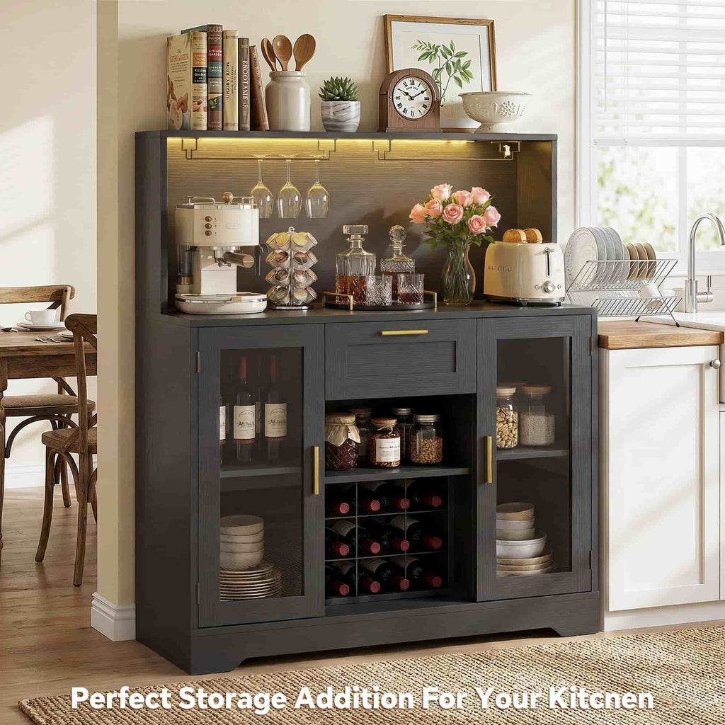 39.4'' W Wine Bar Cabinet with Charging Station, LED Lights & Adjustable Shelves
