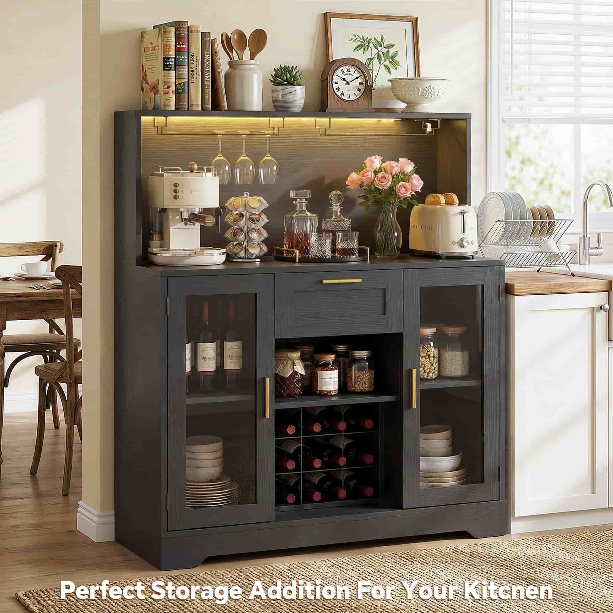 39.4'' W Wine Bar Cabinet with Charging Station, LED Lights & Adjustable Shelves