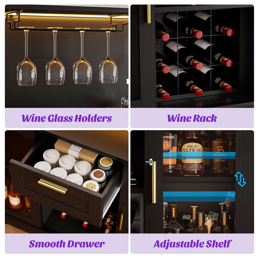 39.4'' W Wine Bar Cabinet with Charging Station, LED Lights & Adjustable Shelves