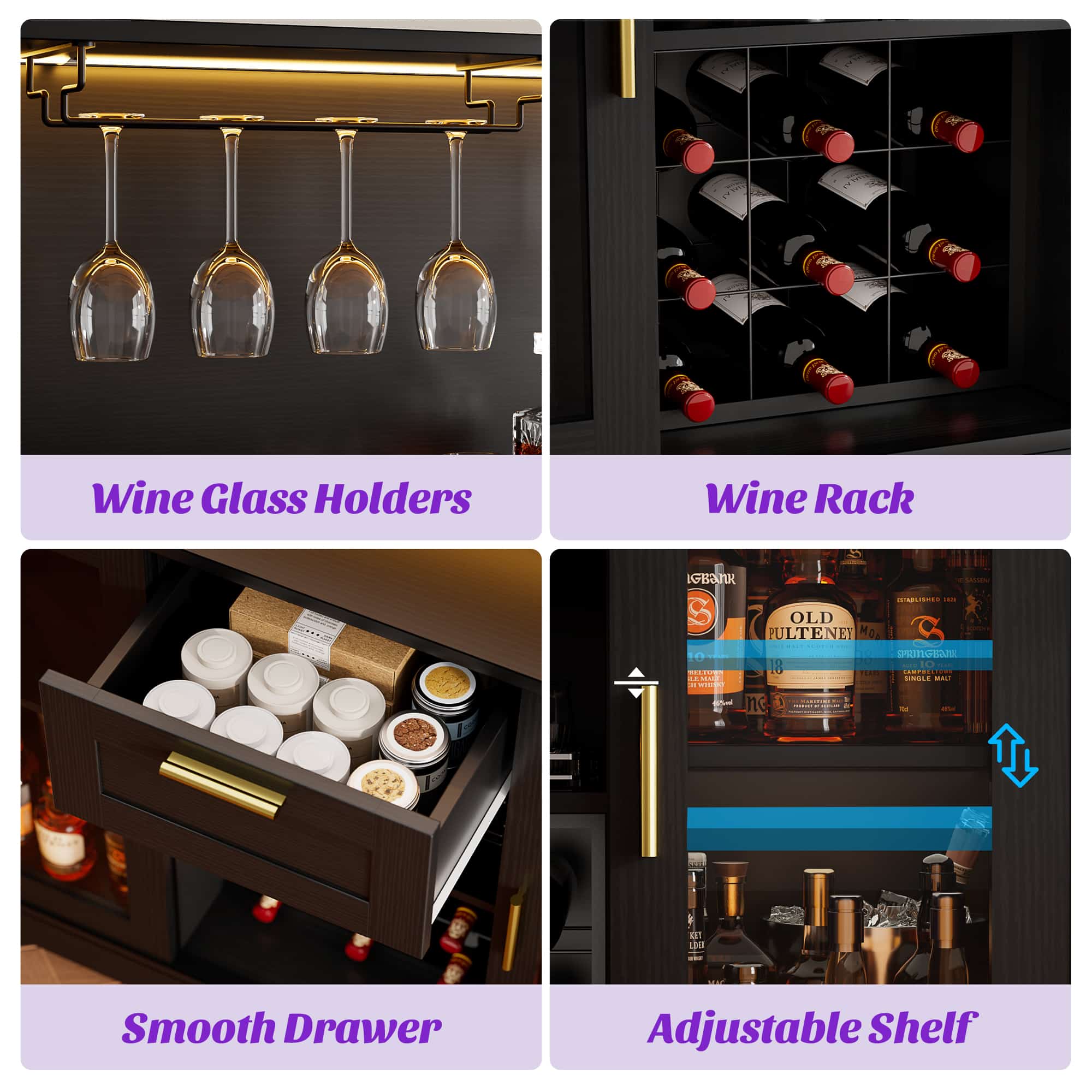 39.4'' W Wine Bar Cabinet with Charging Station, LED Lights & Adjustable Shelves