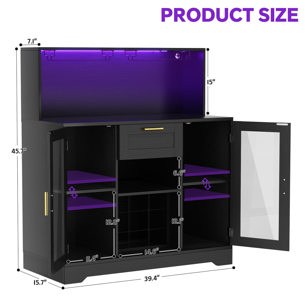 39.4'' W Wine Bar Cabinet with Charging Station, LED Lights & Adjustable Shelves