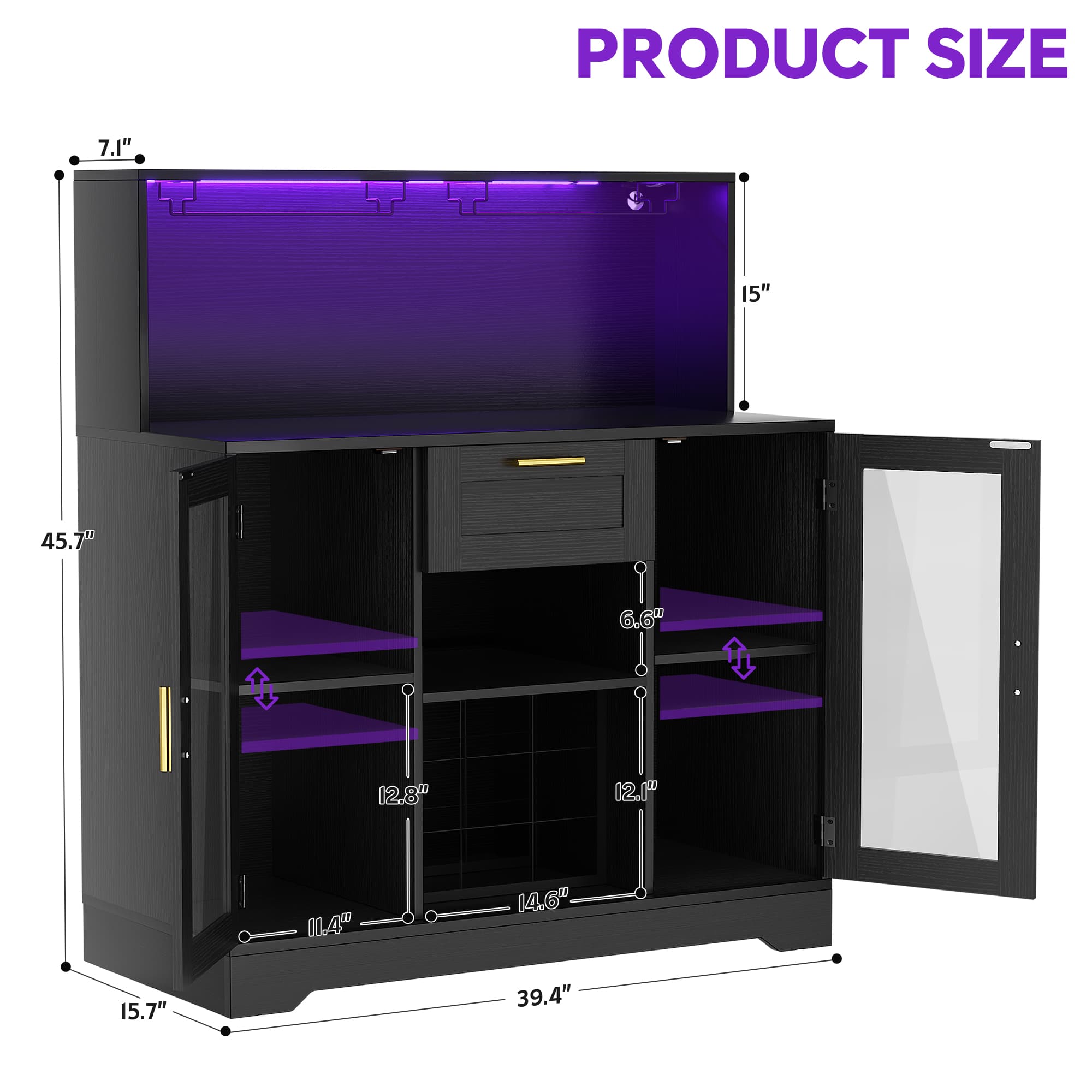 39.4'' W Wine Bar Cabinet with Charging Station, LED Lights & Adjustable Shelves