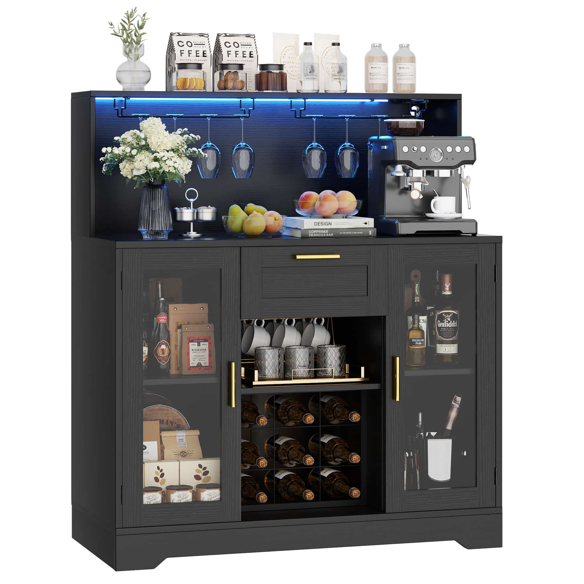 39.4'' W Wine Bar Cabinet with Charging Station, LED Lights & Adjustable Shelves
