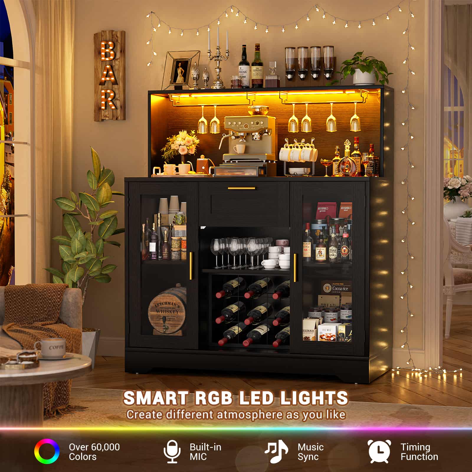 39.4'' W Wine Bar Cabinet with Charging Station, LED Lights & Adjustable Shelves