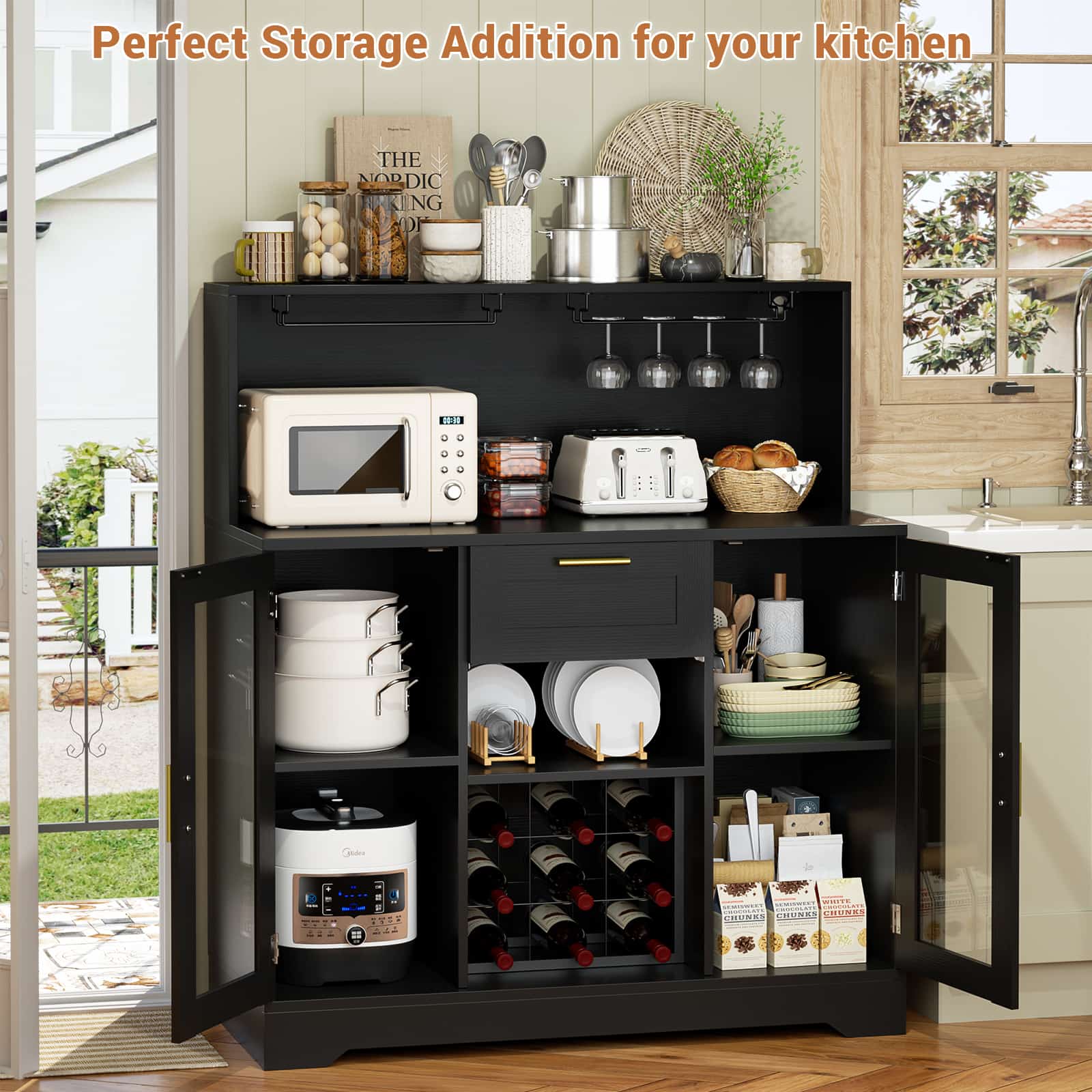 39.4'' W Wine Bar Cabinet with Charging Station, LED Lights & Adjustable Shelves