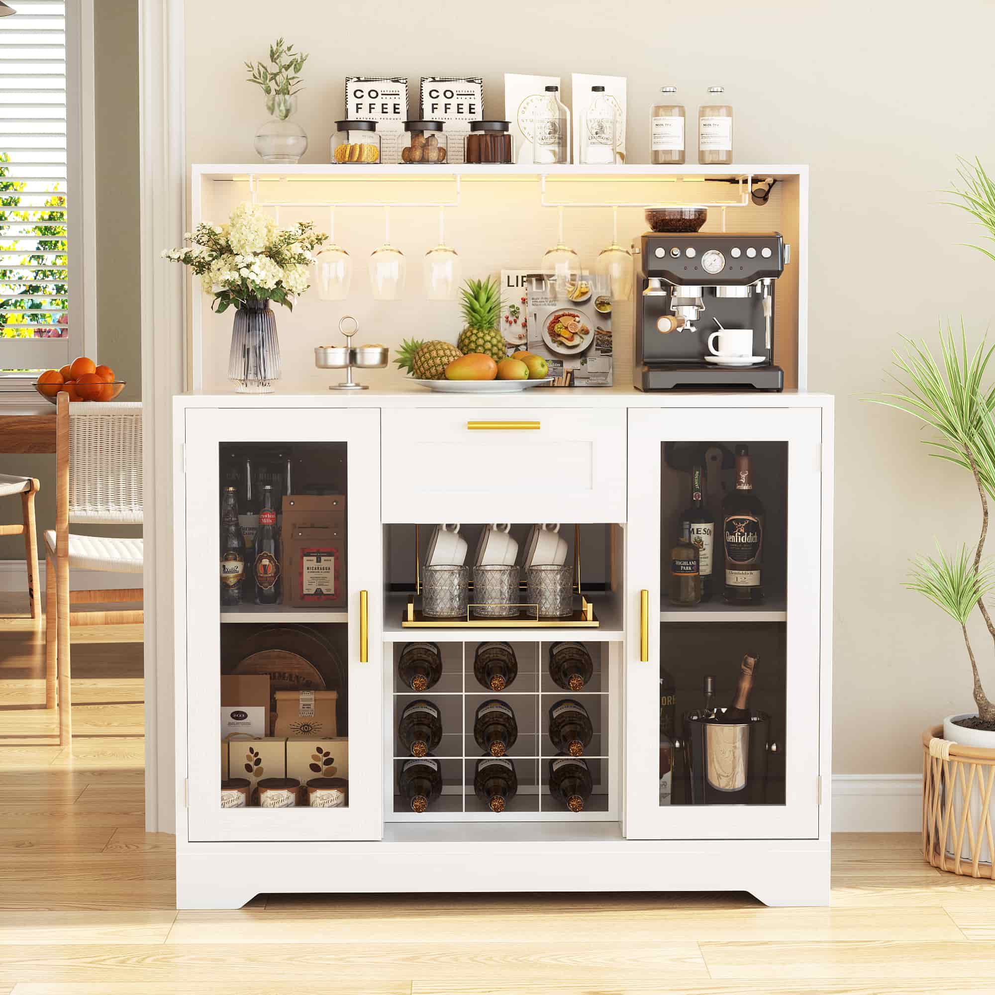39.4'' W Wine Bar Cabinet with Charging Station, LED Lights & Adjustable Shelves