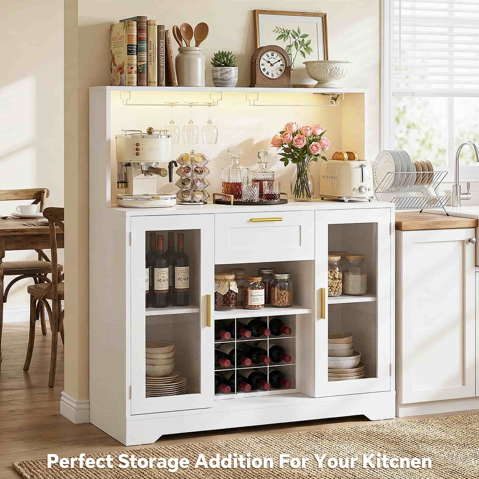 39.4'' W Wine Bar Cabinet with Charging Station, LED Lights & Adjustable Shelves