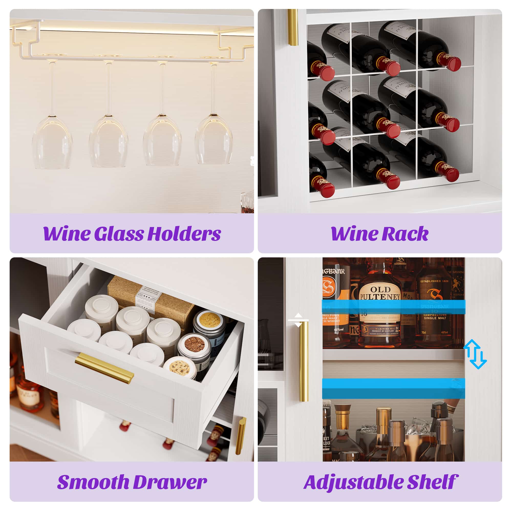 39.4'' W Wine Bar Cabinet with Charging Station, LED Lights & Adjustable Shelves