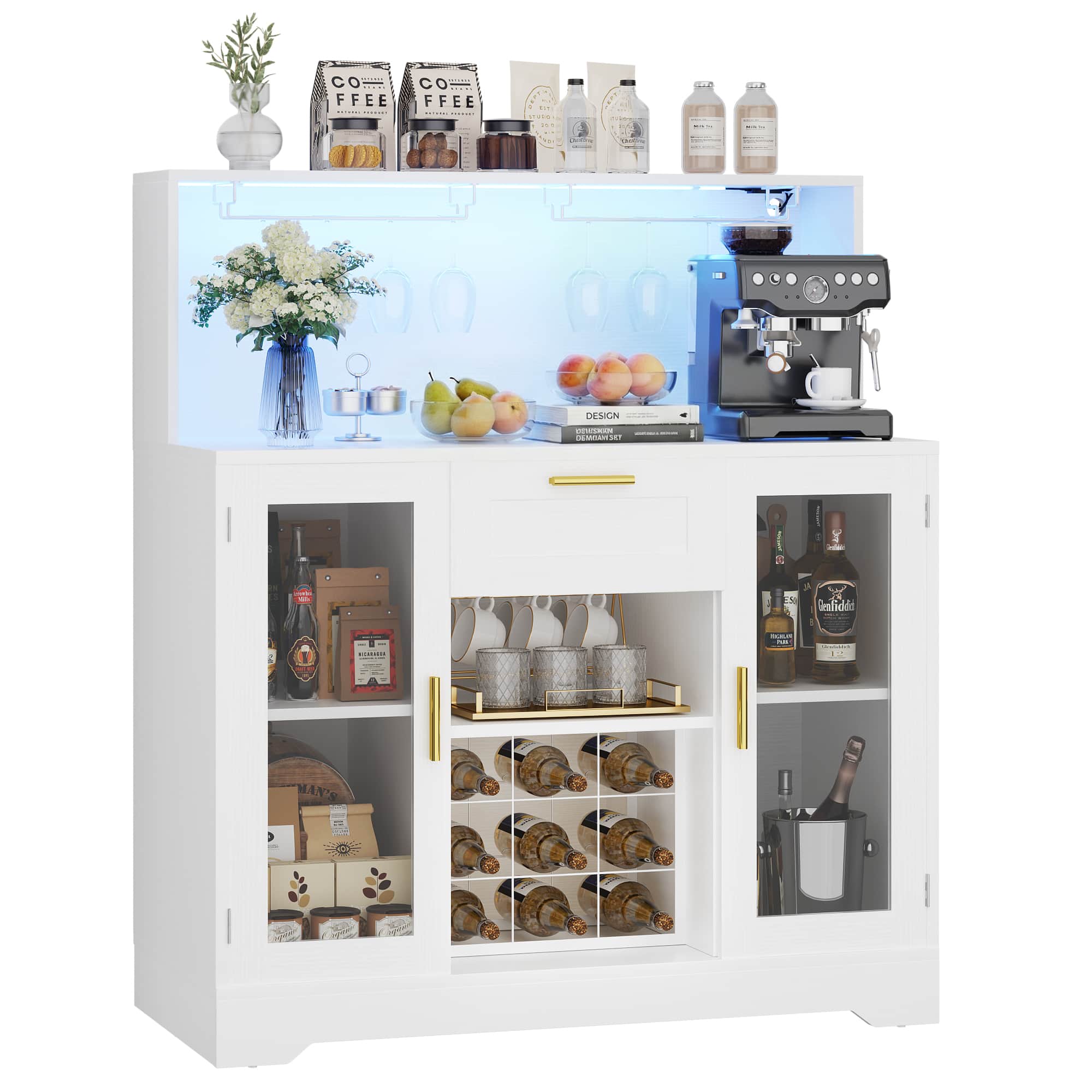 39.4'' W Wine Bar Cabinet with Charging Station, LED Lights & Adjustable Shelves