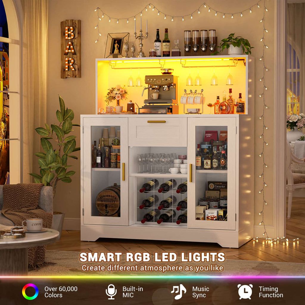 39.4'' W Wine Bar Cabinet with Charging Station, LED Lights & Adjustable Shelves