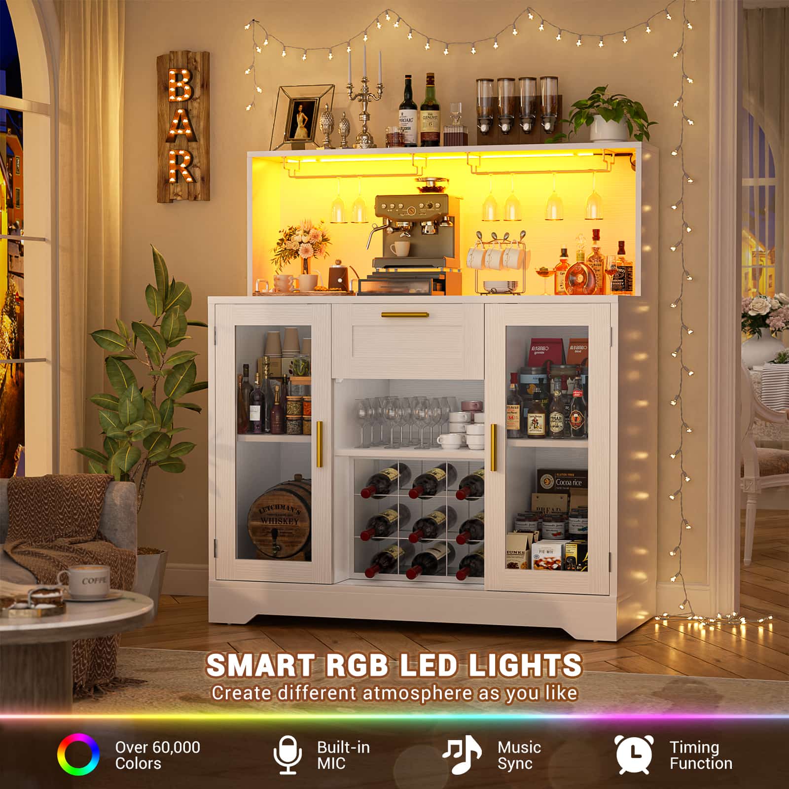 39.4'' W Wine Bar Cabinet with Charging Station, LED Lights & Adjustable Shelves