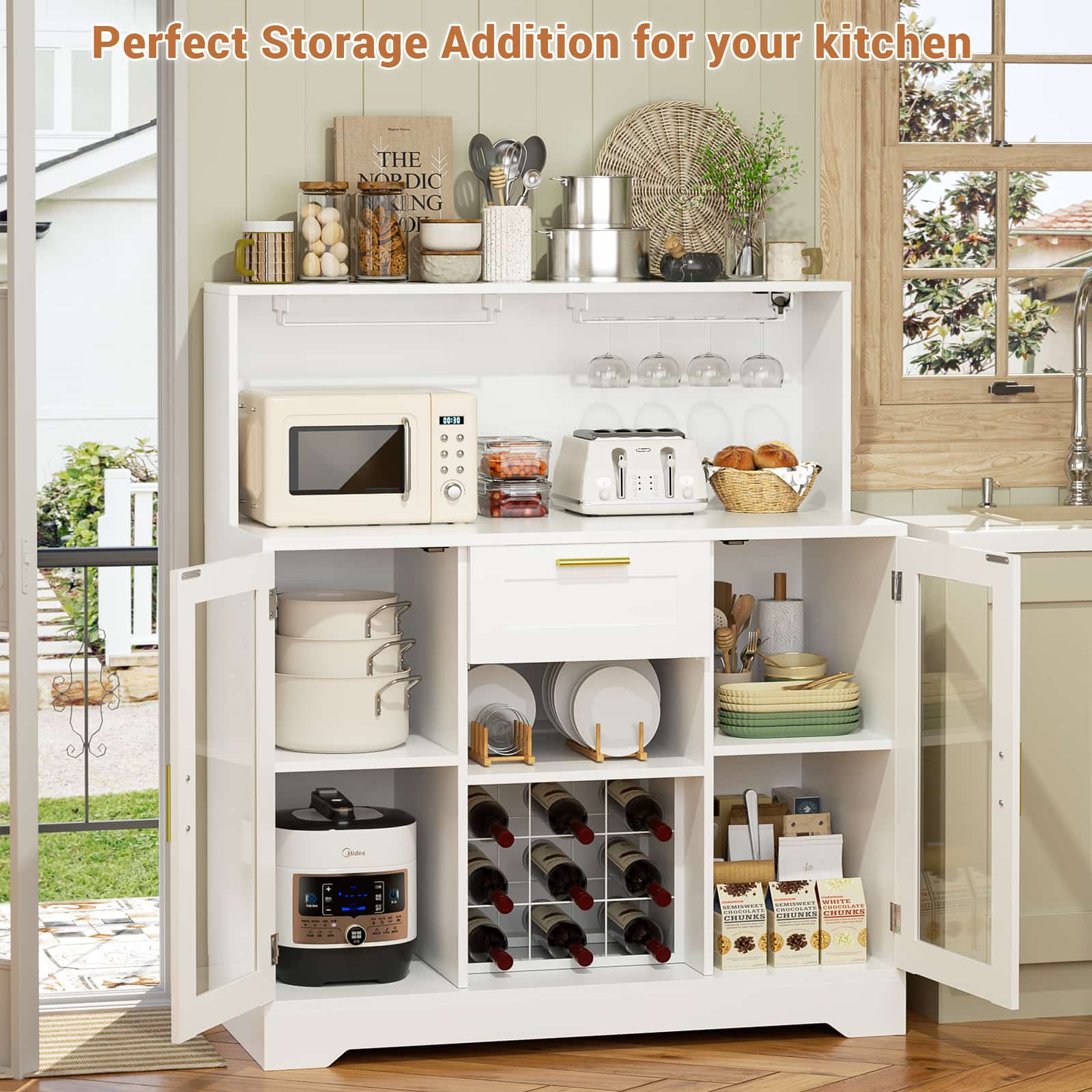 39.4'' W Wine Bar Cabinet with Charging Station, LED Lights & Adjustable Shelves