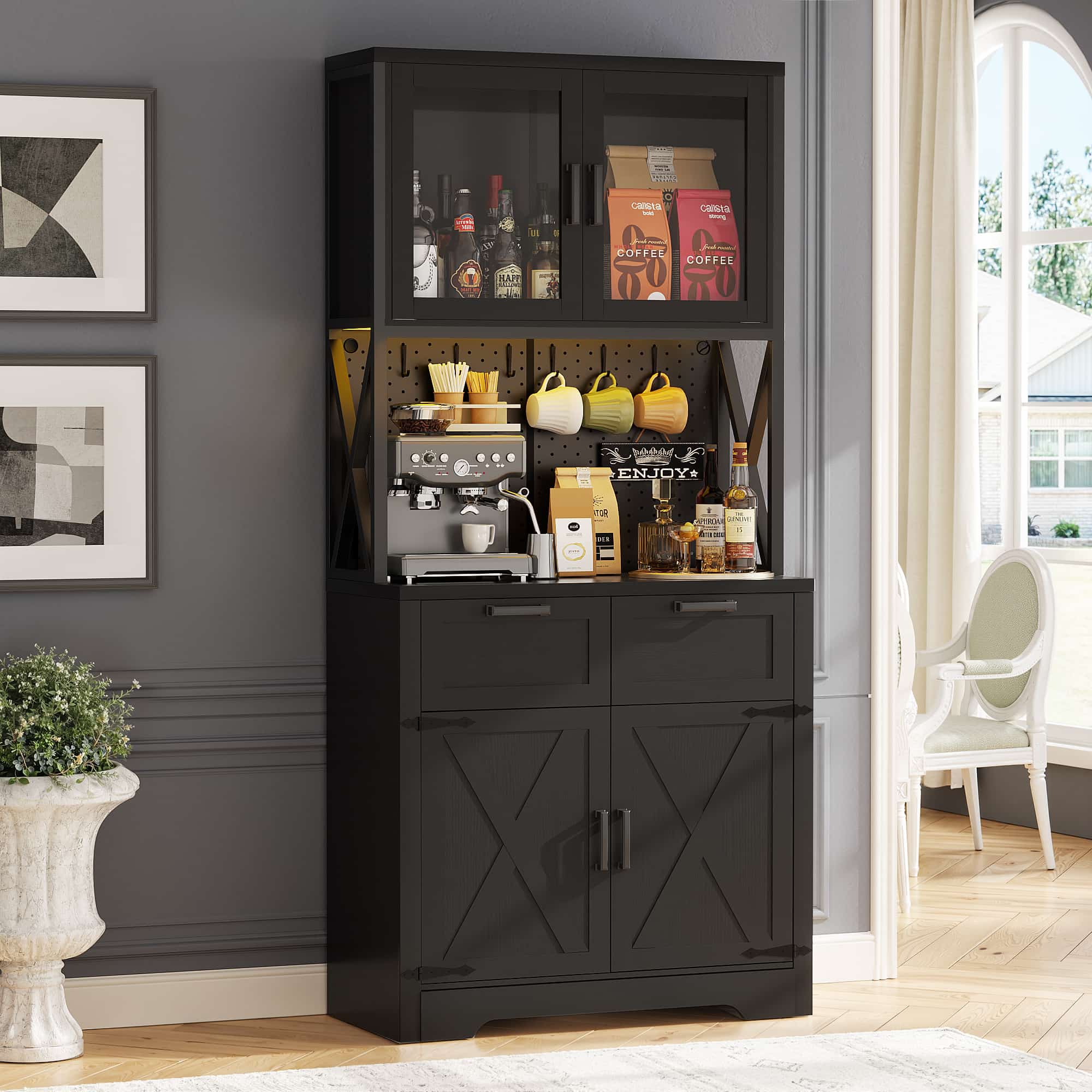71'' Tall Wine Bar Cabinet with Charging Station and LED Light