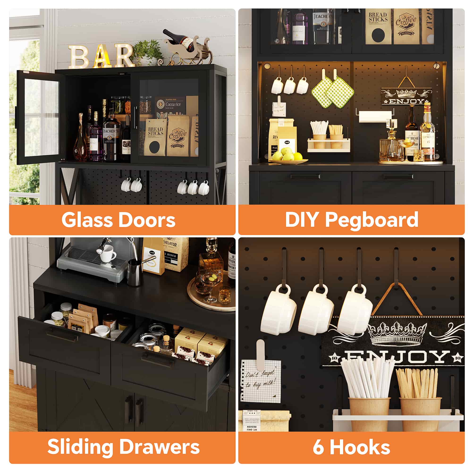 71'' Tall Wine Bar Cabinet with Charging Station and LED Light
