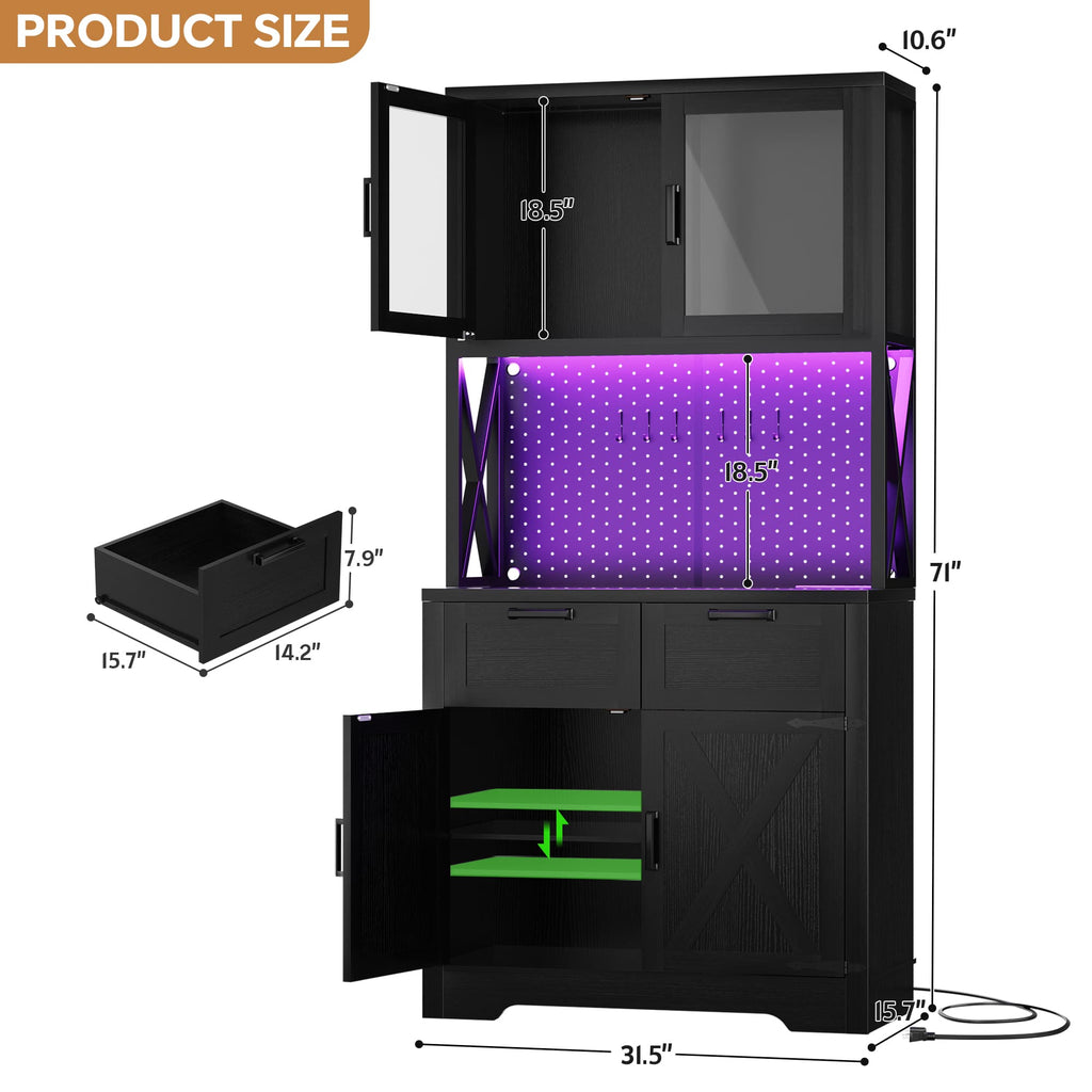 71'' Tall Wine Bar Cabinet with Charging Station and LED Light