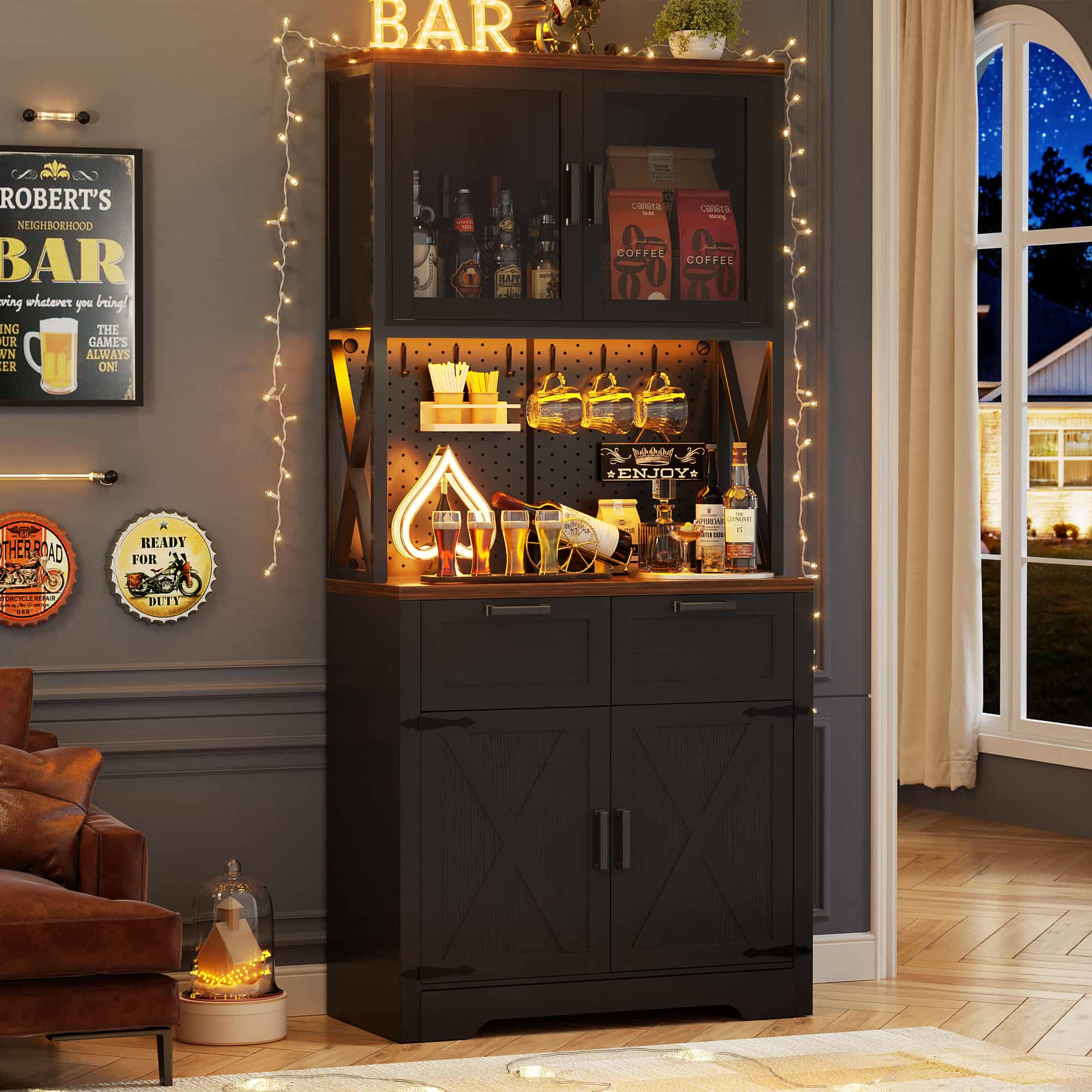 71'' Tall Wine Bar Cabinet with Charging Station and LED Light