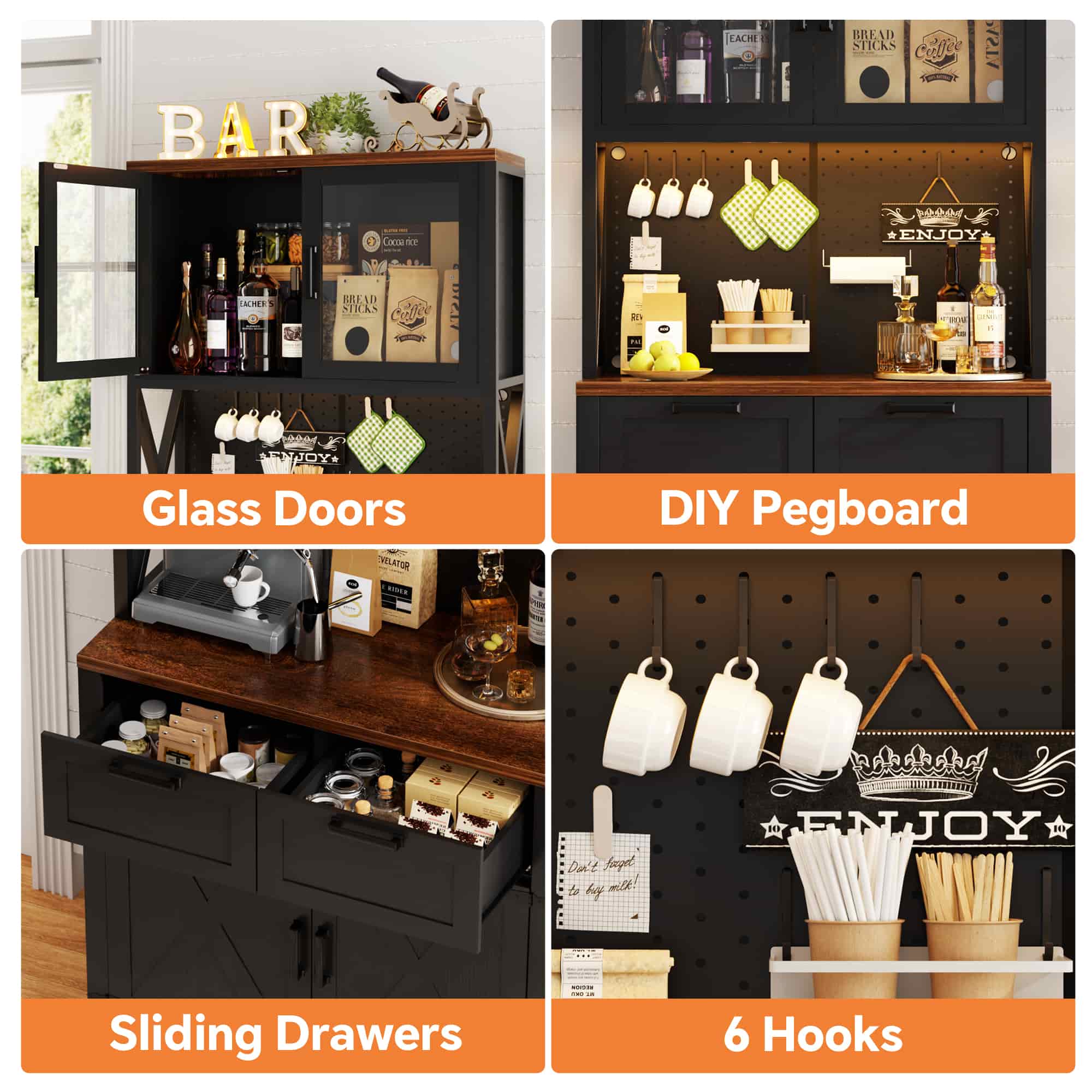 71'' Tall Wine Bar Cabinet with Charging Station and LED Light