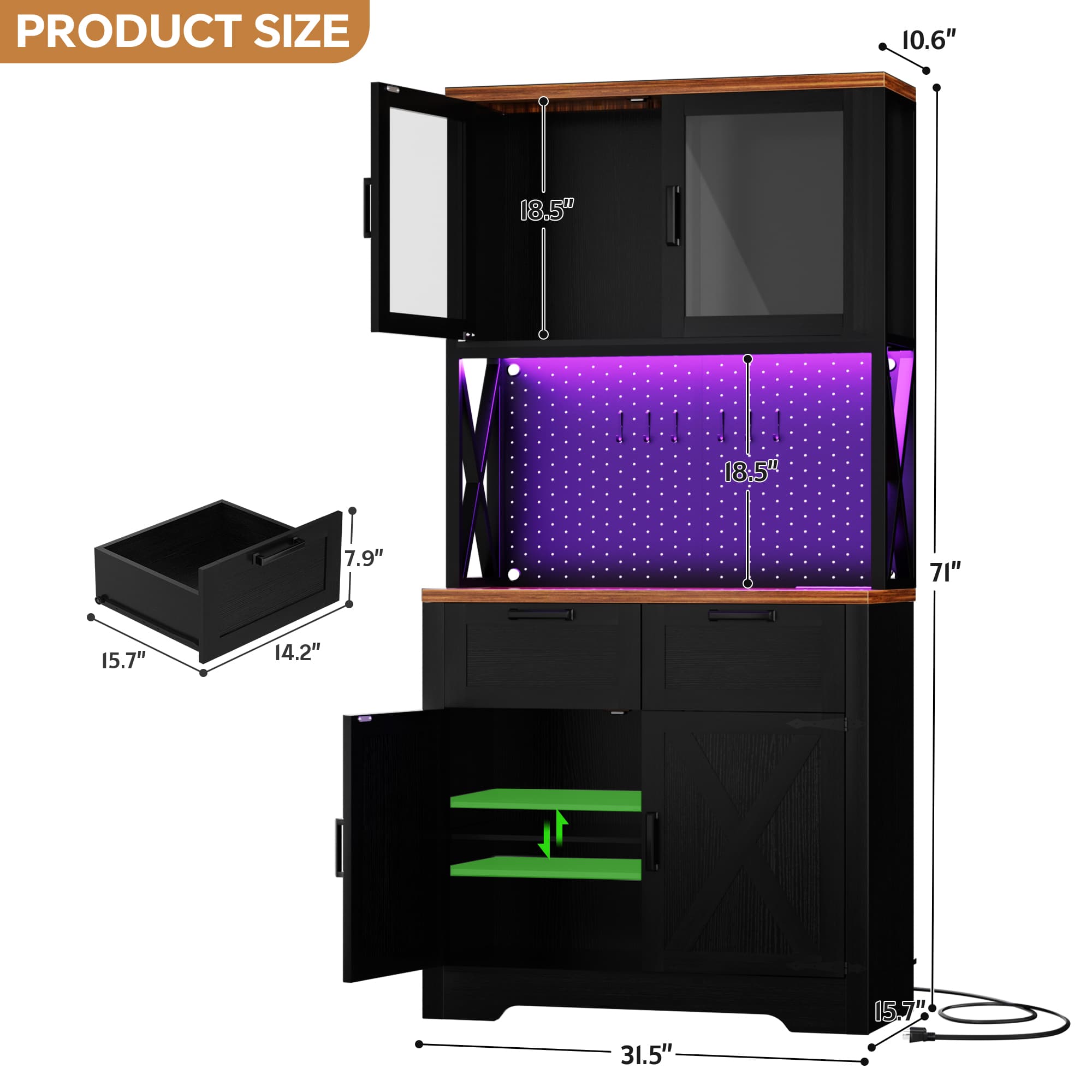 71'' Tall Wine Bar Cabinet with Charging Station and LED Light