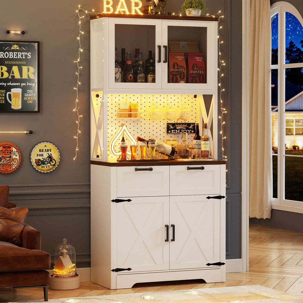 71'' Tall Wine Bar Cabinet with Charging Station and LED Light
