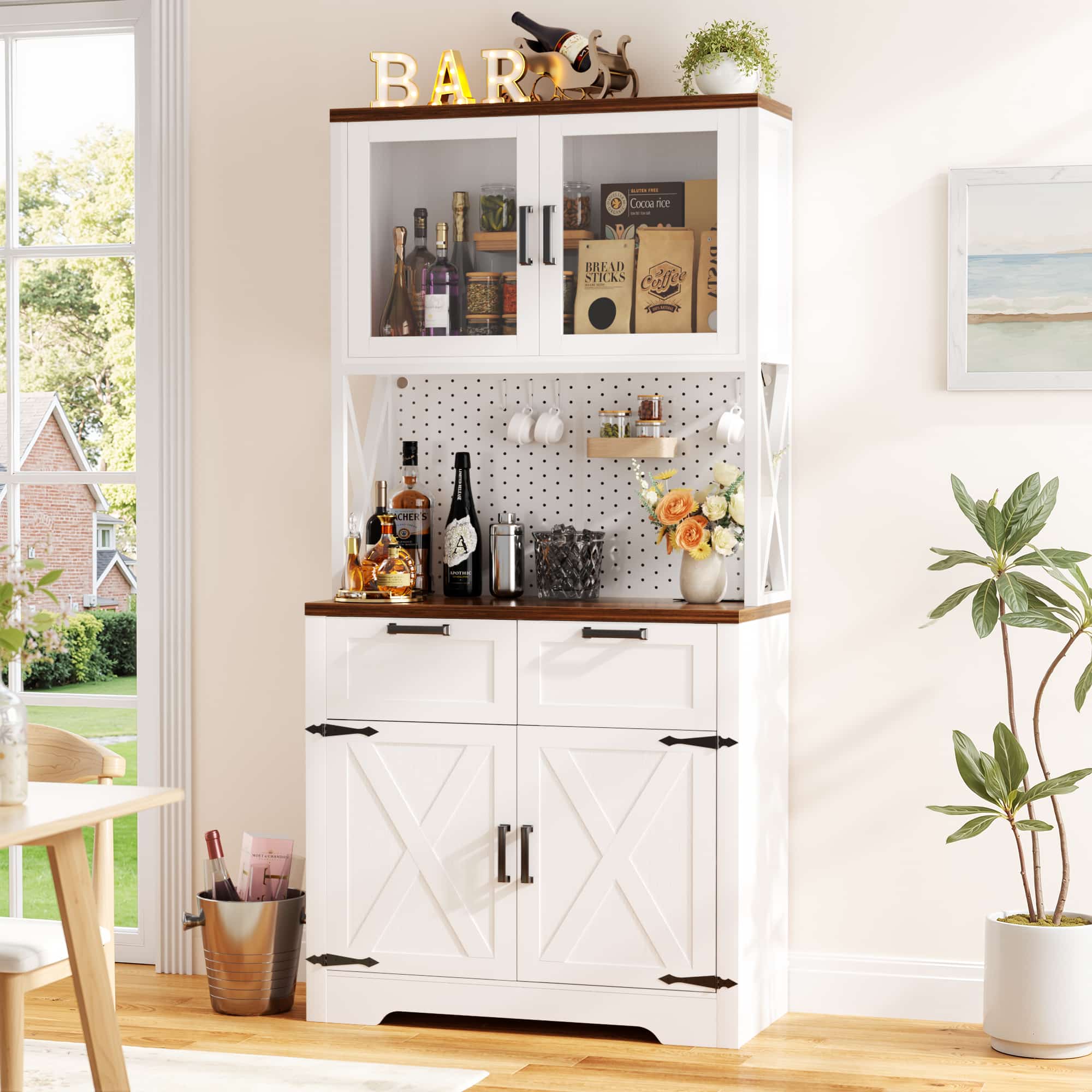 71'' Tall Wine Bar Cabinet with Charging Station and LED Light