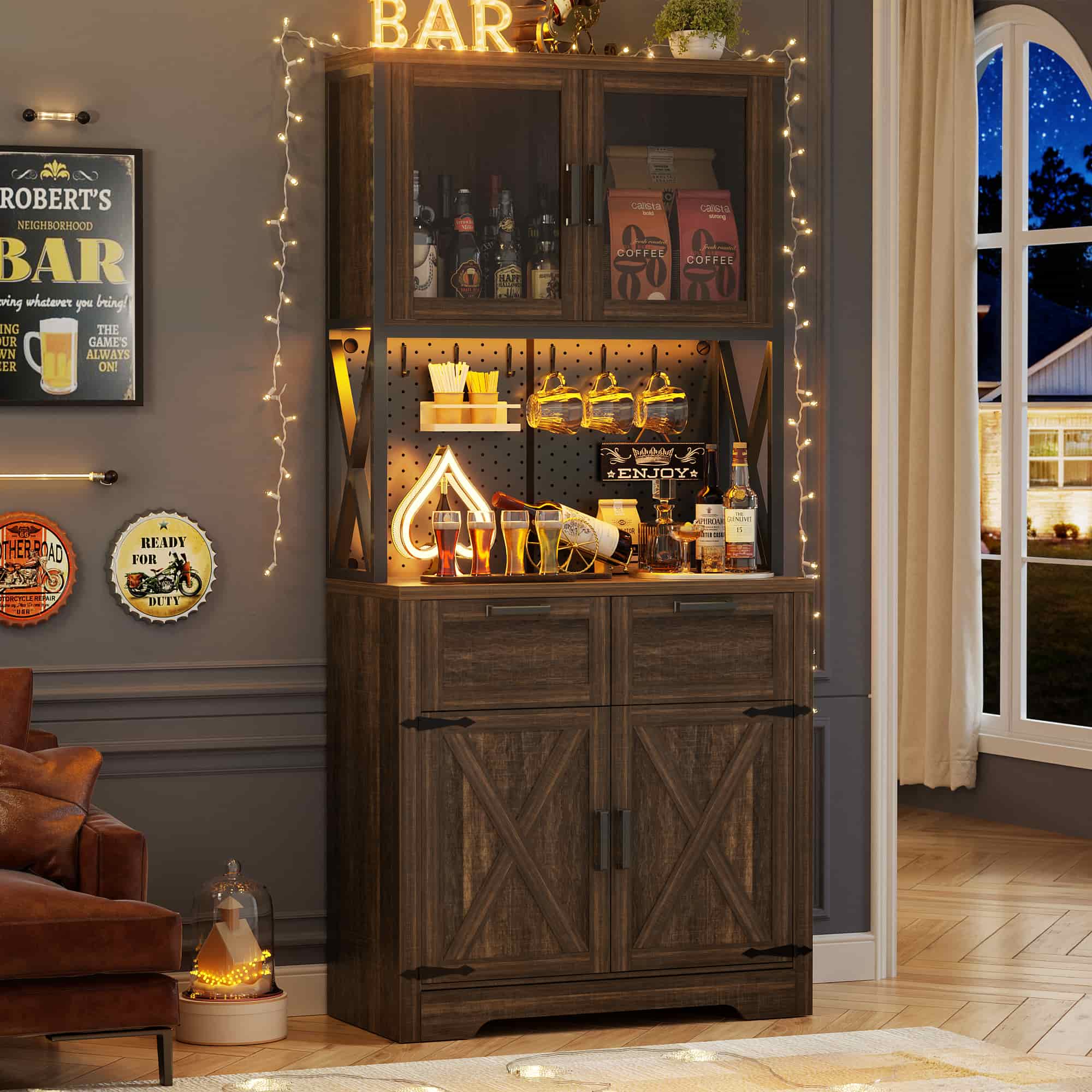 71'' Tall Wine Bar Cabinet with Charging Station and LED Light