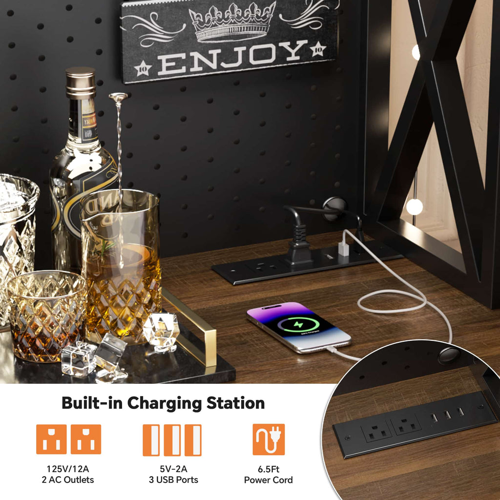 71'' Tall Wine Bar Cabinet with Charging Station and LED Light