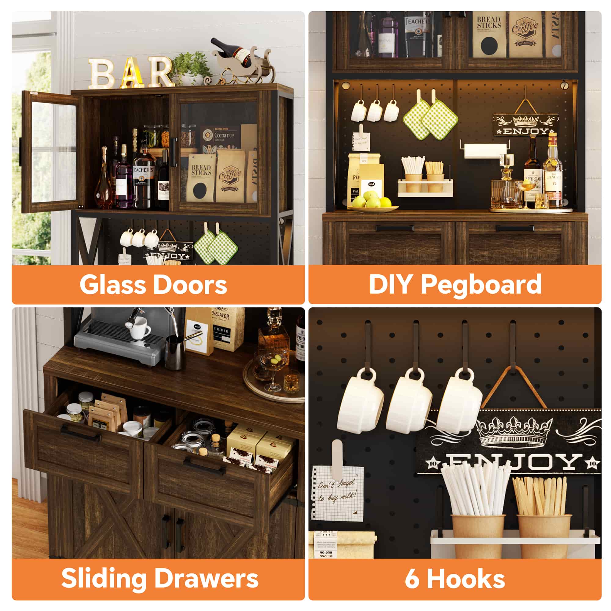 71'' Tall Wine Bar Cabinet with Charging Station and LED Light