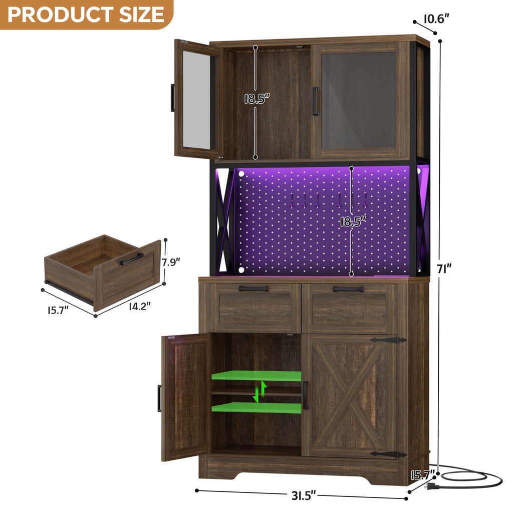 71'' Tall Wine Bar Cabinet with Charging Station and LED Light