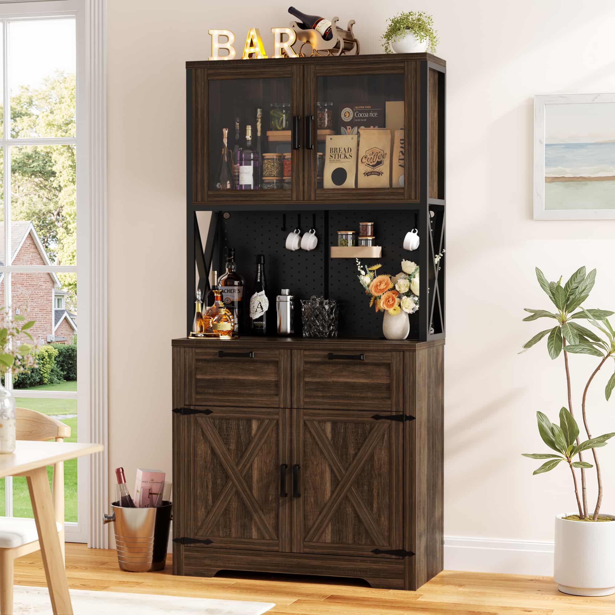 71'' Tall Wine Bar Cabinet with Charging Station and LED Light