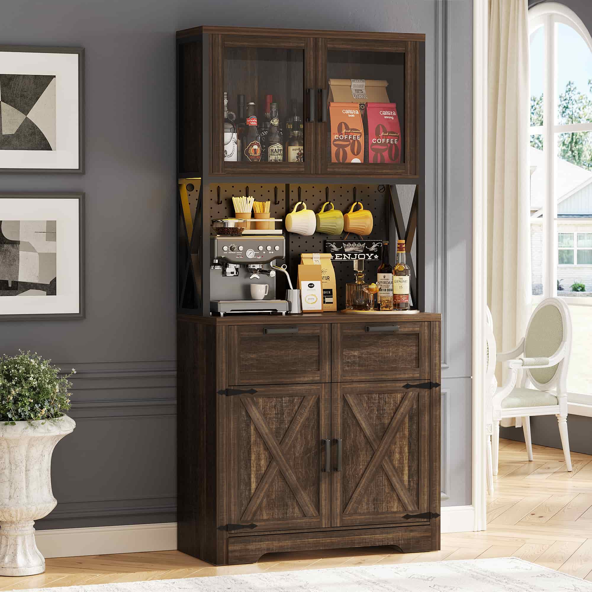 71'' Tall Wine Bar Cabinet with Charging Station and LED Light