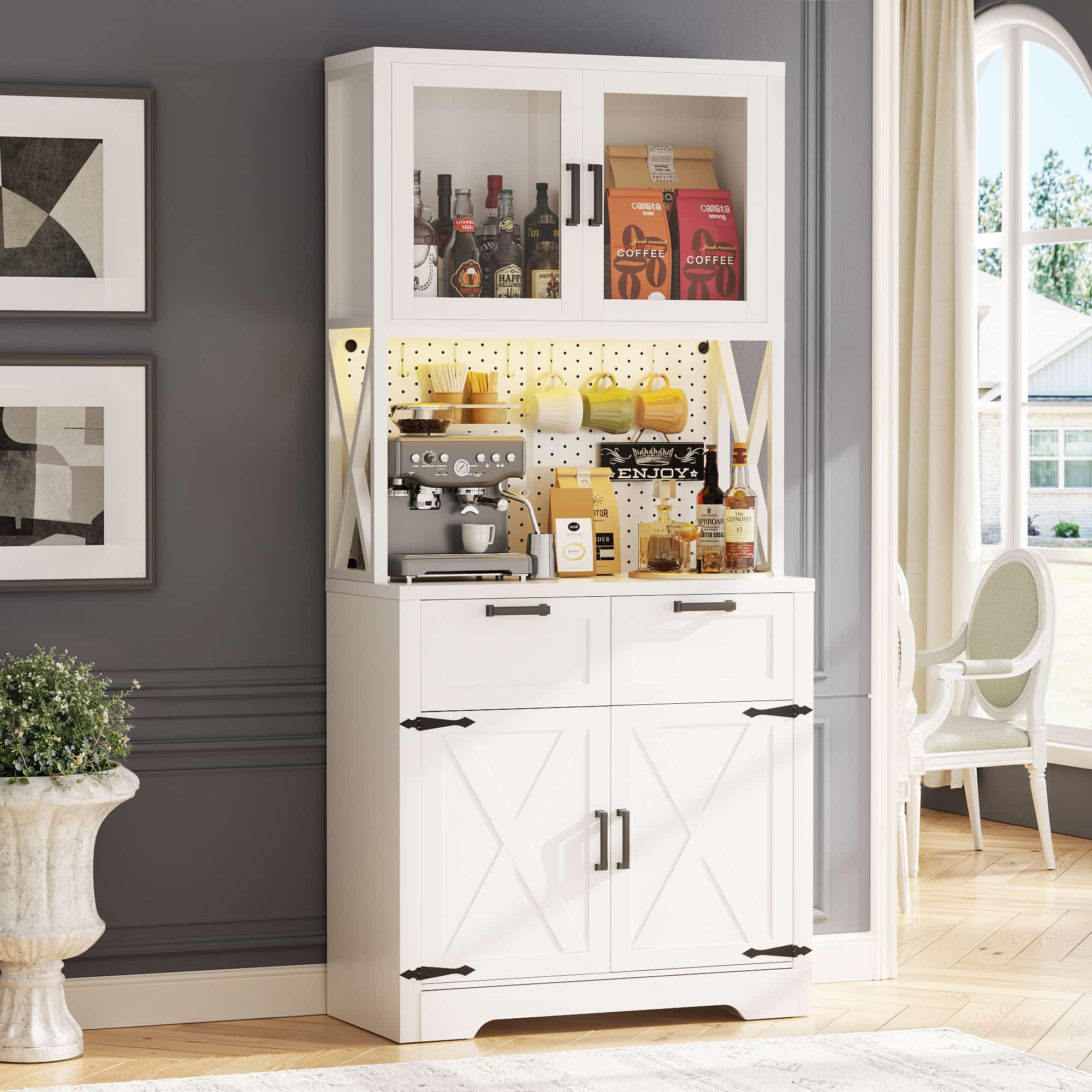 71'' Tall Wine Bar Cabinet with Charging Station and LED Light