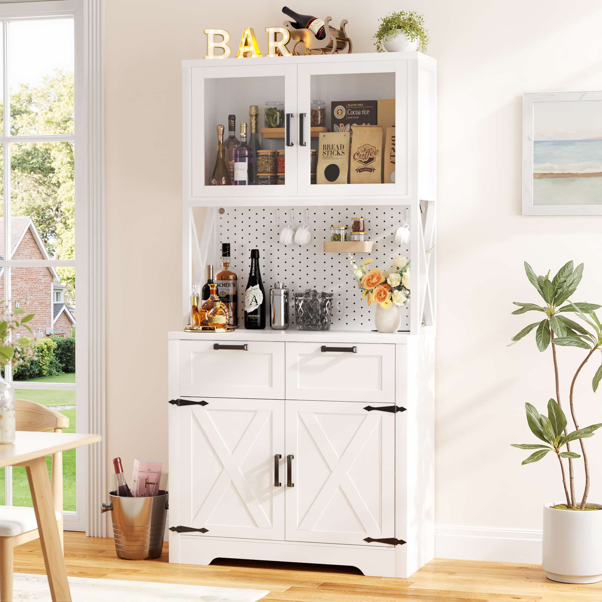71'' Tall Wine Bar Cabinet with Charging Station and LED Light
